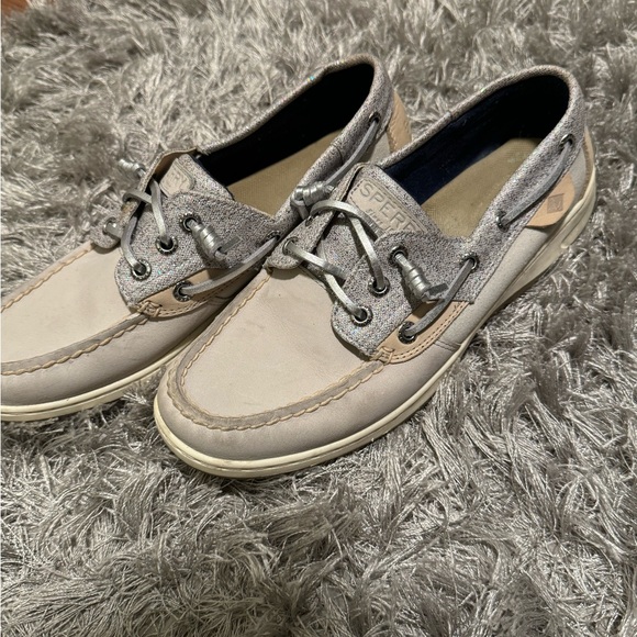 Sperry Top Sider Beige Silver Sparkle Suede Boat Shoes STS83340 SZ 8 - Picture 3 of 7